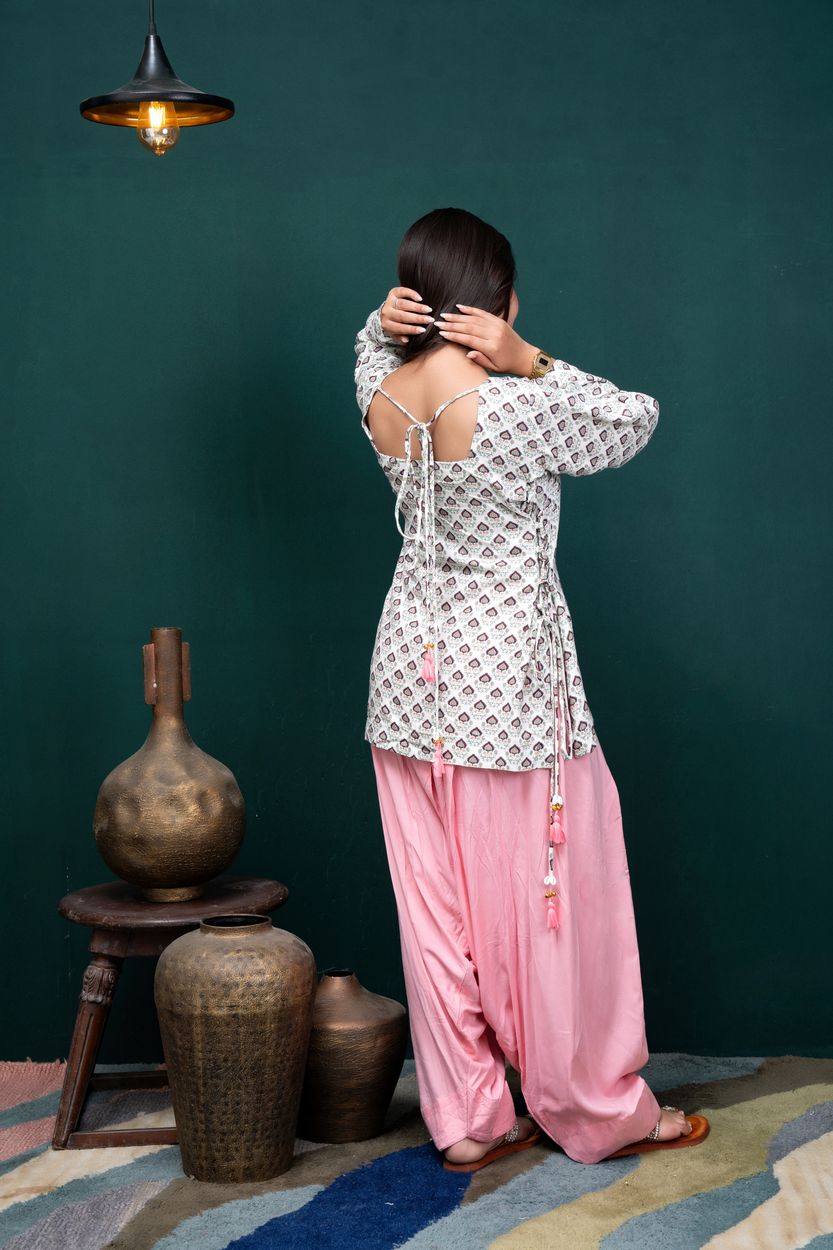White Printed Kurta with Pink Farshi Salwar